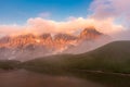 Sunset in Passo Rolle - Baita Segantini lake in Dolomite mountain range