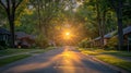 Sunset peeking through trees and green lawns in residential area, AI-generated. Royalty Free Stock Photo