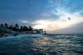 Sunset with pelikans along the coast of Chelem, Mexico Royalty Free Stock Photo