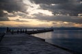 Sunset and people fishing from the pier in Mihonoseki, Sakaiminato, Japan