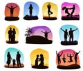 Sunset people vector silhouette of family or loving couple characters seeing sunrise illustration set of tropical card