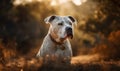 sunset photo of Dogo Argentino sitting on a forest path. Generative AI
