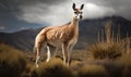 sunset photo of guanaco Lama guanicoe in its natural habitat. Generative AI