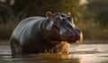 sunset photo of hippopotamus standing in water in its natural habitat. Generative AI Royalty Free Stock Photo