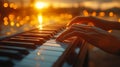 Sunset Piano Keys Hands Cityscape Performance Royalty Free Stock Photo
