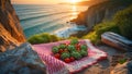 Romantic Sunset Picnic on a Clifftop with Artichokes and Tomatoes Royalty Free Stock Photo