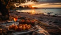 Sunset picnic Fresh fruit, wine, relaxation in nature embrace generated by AI