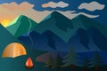 Sunset. Picturesque vector illustration in the fresh air. Mountain landscape. Camping by the lake. The onset of twilight.