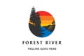 Sunset Pine Evergreen Conifer Cedar Spruce Larch Cypress Fir Trees Forest with River Creek Logo Design Vector Royalty Free Stock Photo