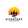 sunset pine tree logo vintage with river creek vector emblem illustration design