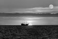 Sunset Pirate Ship Ocean Fantasy Black And White Royalty Free Stock Photo