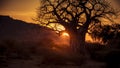 Sunset on the Plains of Africa with Giant Baobab Tree