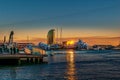 Sunset at the Port of Barcelona, Spain. Twilight seascape on Rambla De Mar