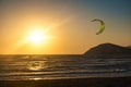 Sunset on Prasonisi beach with kitesurfer Rhodes, Greece