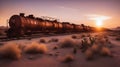 sunset on the railway A fuel train in a desert at sunset. The train has rusty and old tanks that are leaking oil and gas Royalty Free Stock Photo