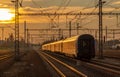 Sunset with railway track and railroad switch trains in Chocen CZ 11 08 2024 Royalty Free Stock Photo