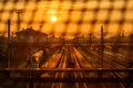 Sunset with railway track and railroad switch trains in Chocen CZ 11 08 2024 Royalty Free Stock Photo