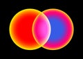 Sunset and rainbow projector lamps with orange, yellow, blue and pink light on black background. Neon gradient effect circle