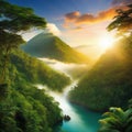 sunset rainforest jungle river with tropical exotic fantasy fictional landscape created with Royalty Free Stock Photo