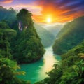 sunset rainforest jungle river with tropical exotic fantasy fictional landscape created with Royalty Free Stock Photo