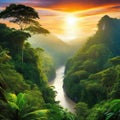 sunset rainforest jungle river with tropical exotic fantasy fictional landscape created with Royalty Free Stock Photo