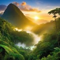 sunset rainforest jungle river with tropical exotic fantasy fictional landscape created with