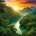 Sunset Rainforest Jungle River With Tropical Exotic Fantasy Fictional Landscape Created With