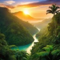 sunset rainforest jungle river with tropical exotic fantasy fictional landscape created with Royalty Free Stock Photo