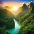 sunset rainforest jungle river with tropical exotic fantasy fictional landscape created with Royalty Free Stock Photo