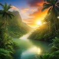 Sunset Rainforest Jungle River With Tropical Exotic Fantasy Fictional Landscape Created With