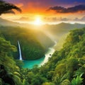 sunset rainforest panorama with jungle river with tropical exotic fantasy fictional landscape created with Royalty Free Stock Photo