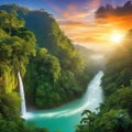 sunset rainforest panorama with jungle river with tropical exotic fantasy fictional landscape created with Royalty Free Stock Photo