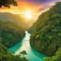 sunset rainforest panorama with jungle river with tropical exotic fantasy fictional landscape created with Royalty Free Stock Photo