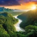 sunset rainforest panorama with jungle river with tropical exotic fantasy fictional landscape created with Royalty Free Stock Photo