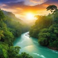 sunset rainforest panorama with jungle river with tropical exotic fantasy fictional landscape created with Royalty Free Stock Photo