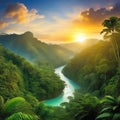 sunset rainforest panorama with jungle river with tropical exotic fantasy fictional landscape created with Royalty Free Stock Photo