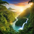 sunset rainforest panorama with jungle river with tropical exotic fantasy fictional landscape created with Royalty Free Stock Photo