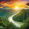 sunset rainforest panorama with jungle river with tropical exotic fantasy fictional landscape created with Royalty Free Stock Photo