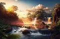 Sunset rainforest panorama with waterfall, jungle river with tropical vegetation, exotic fantasy landscape, fictional landscape