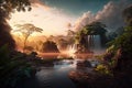 Sunset rainforest panorama with waterfall, jungle river with tropical vegetation, exotic fantasy landscape, fictional landscape Royalty Free Stock Photo