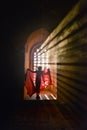 Monks praying in a temple in myanmar