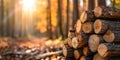 Sunset Rays Shining Through Autumn Forest on Stacked Firewood Royalty Free Stock Photo