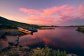 Sunset red sky reflection in mountain lake . Jotunheimen national park ,Norway Royalty Free Stock Photo