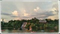 the sunset is reflected in the clouds creating the effect of the second sun, evening walk over the river, boat ride