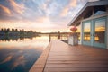 sunset reflecting on lake with empty cottage dock