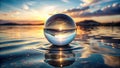 Sunset reflection in a crystal sphere floating gently on calm water, creating mesmerizing concentric ripples. Generative AI Royalty Free Stock Photo