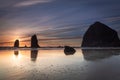 Sunset and reflection of the haystack at Cannon Beach Royalty Free Stock Photo