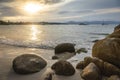 Sunset on ocean Jurere beach in Florianopolis, Southern Brazil