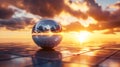 Sunset Reflection Orb Sphere reflecting sunset clouds and grid symbolizing reflection perspective future balance and Royalty Free Stock Photo