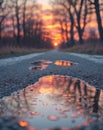 Sunset Reflection in Puddle on Graveled Road During Winter Evening Royalty Free Stock Photo